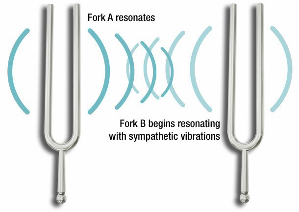 When one tuning fork is struck, the other will vibrate in unison due to the vibrational waves sharing the same frequency.
