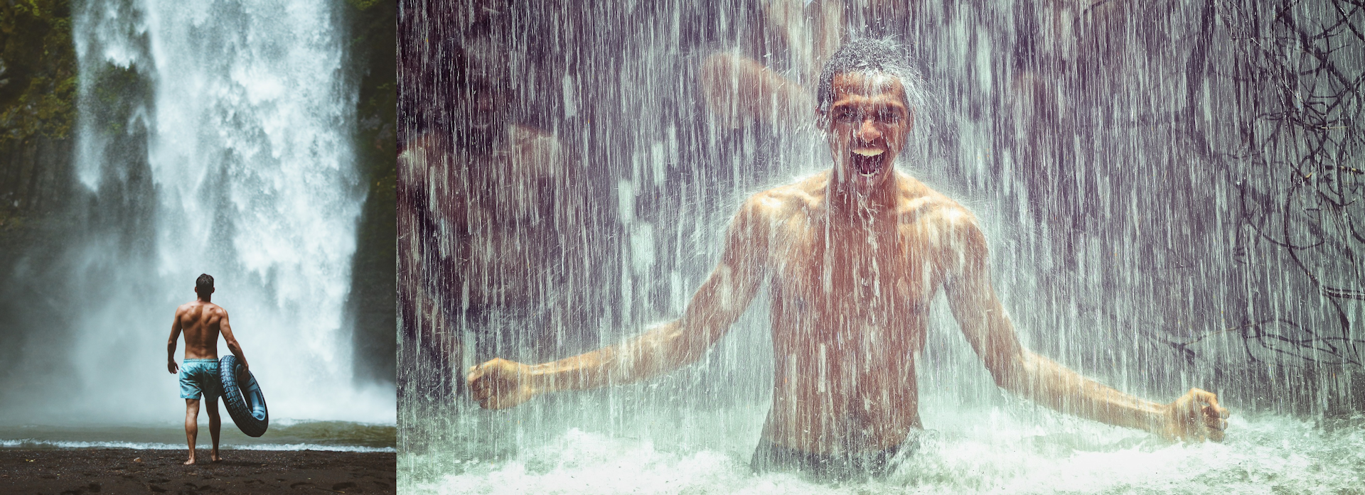 Picture of man bathing in a waterfall